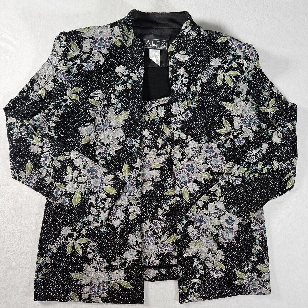 Alex Evenings Womens M Jacket Tank Set Black Sparkle Floral Top Wedding Formal